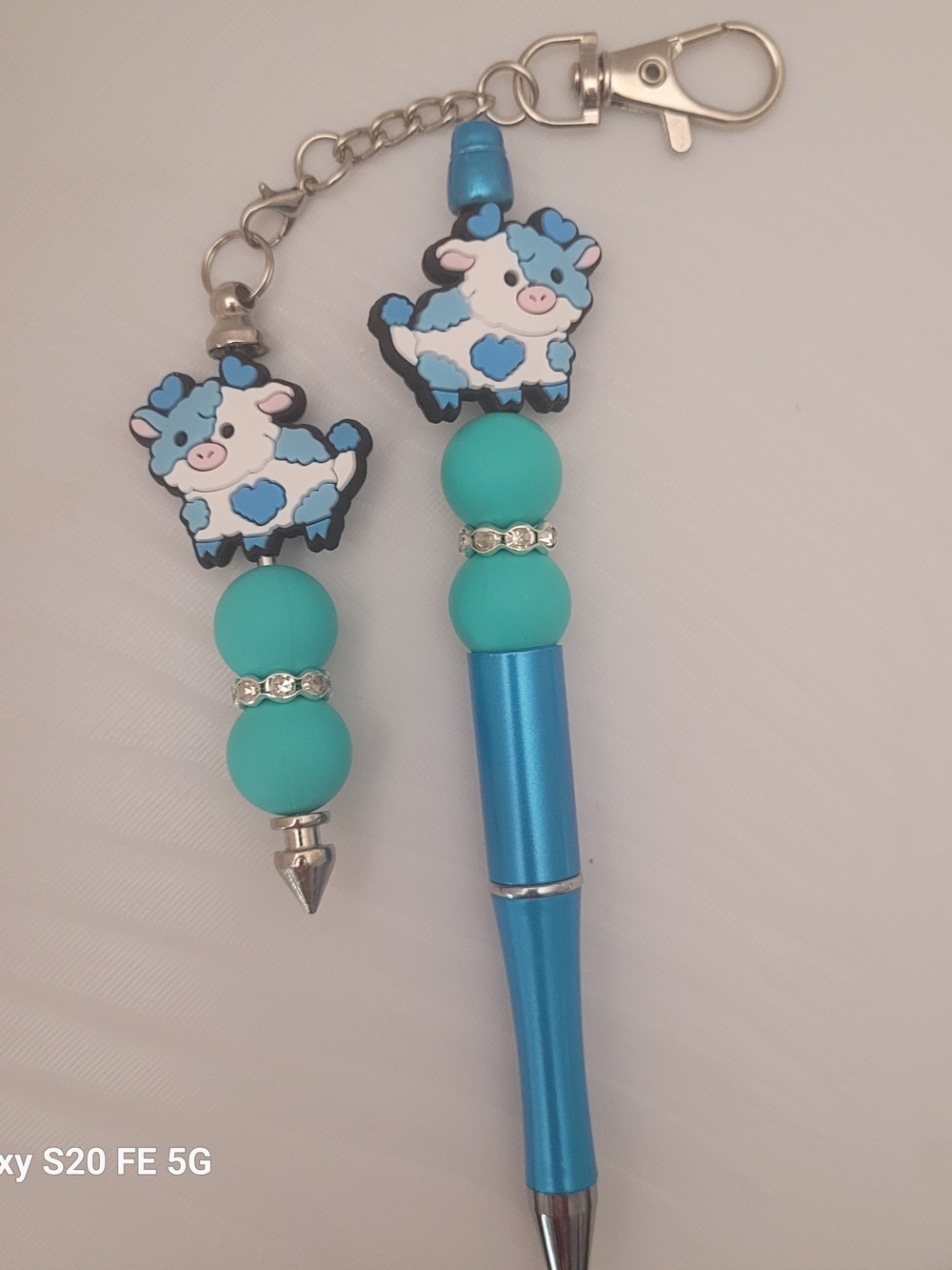 Handmade Blue Cow Beaded Pen & Keychain Set